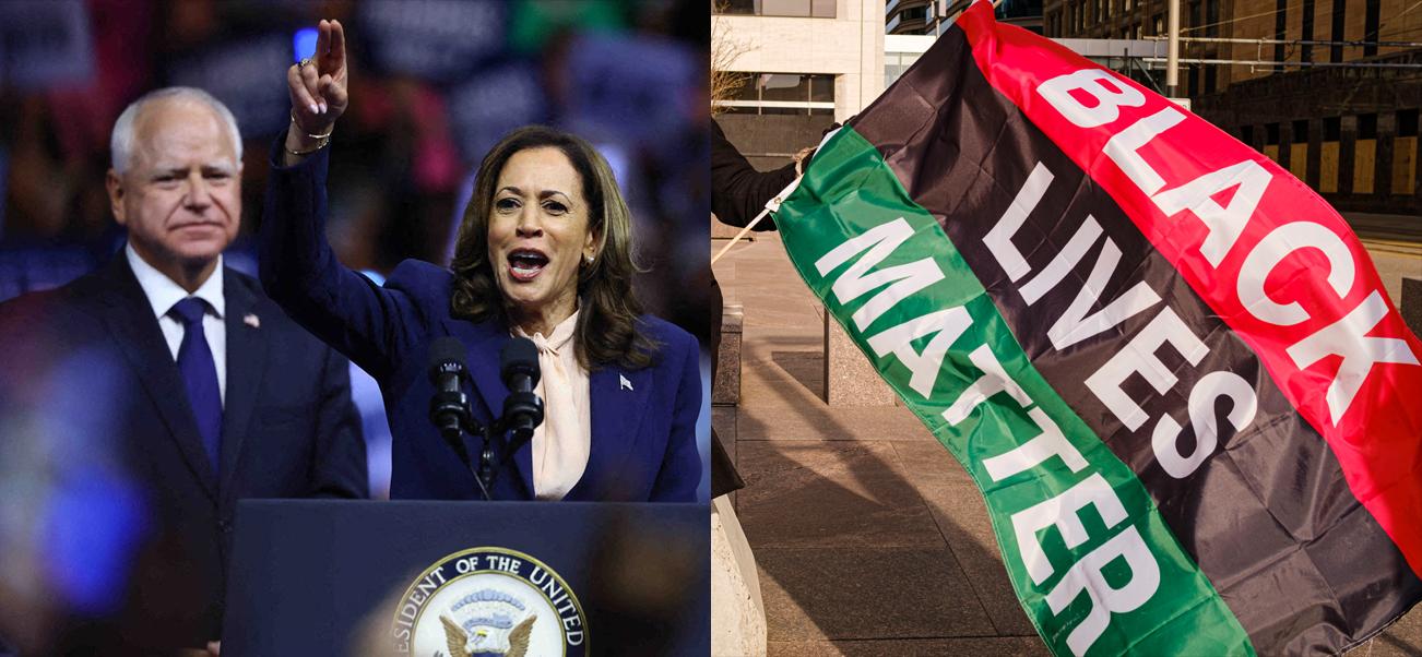 A collage of Kamala Harris and her VP Pick Tim Walz with a BLM flag