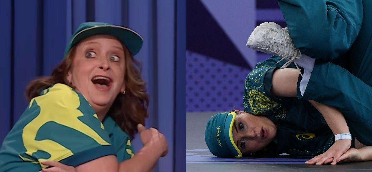 Rachel Dratch as Raygun (left) Raygun at Paris Olympics (right)