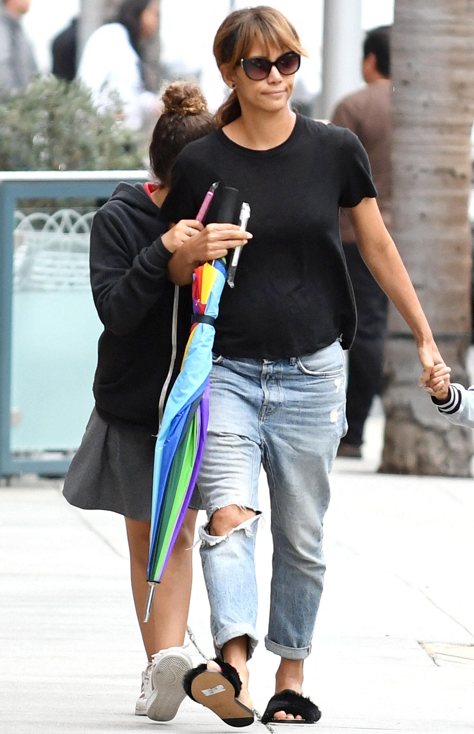 Halle Berry, daugther Nahla Ariela Aubry, Maceo Robert Martinez strolling in Beverly Hills