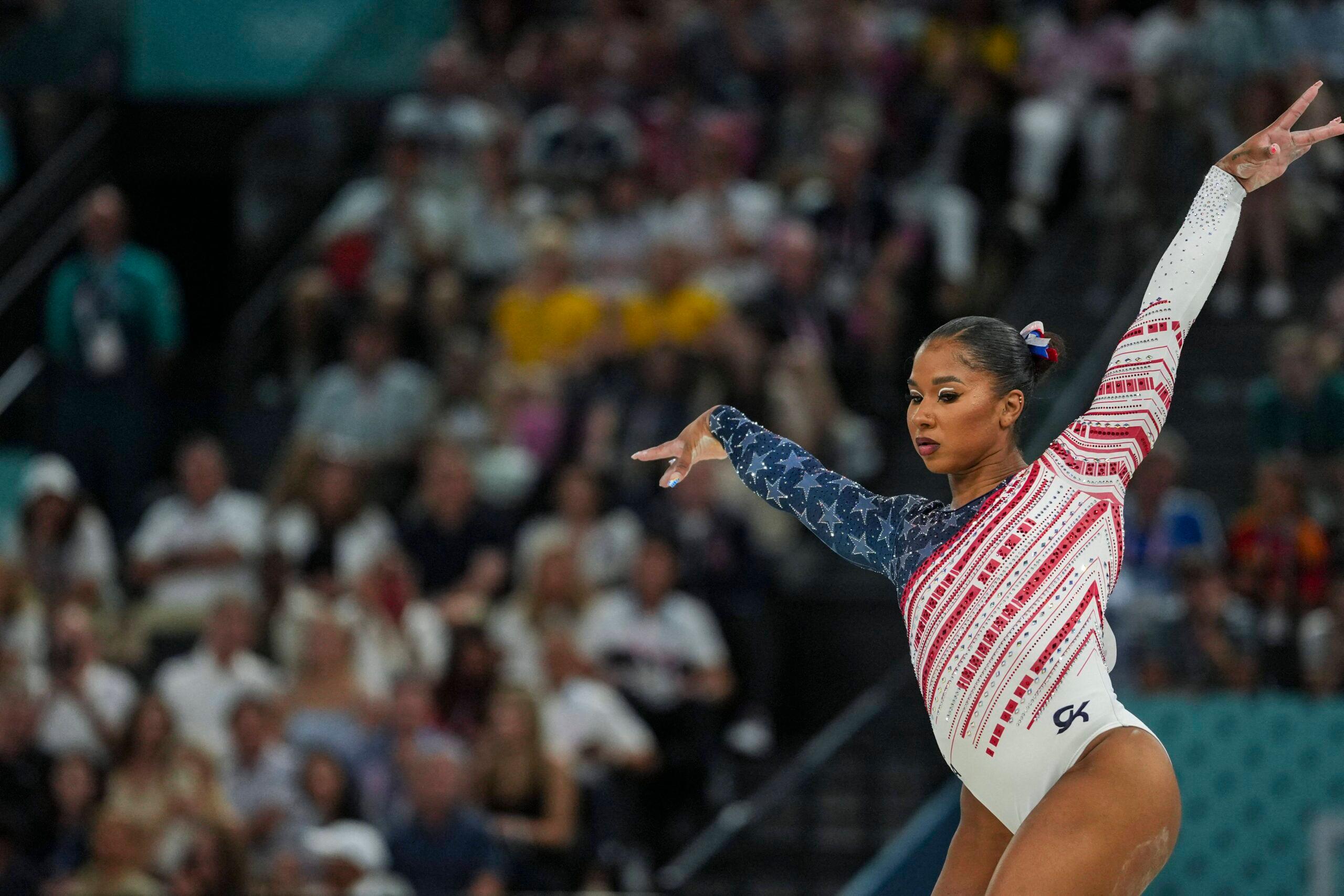 Jordan Chiles performs her floor routine at the 2024 Paris Olympics