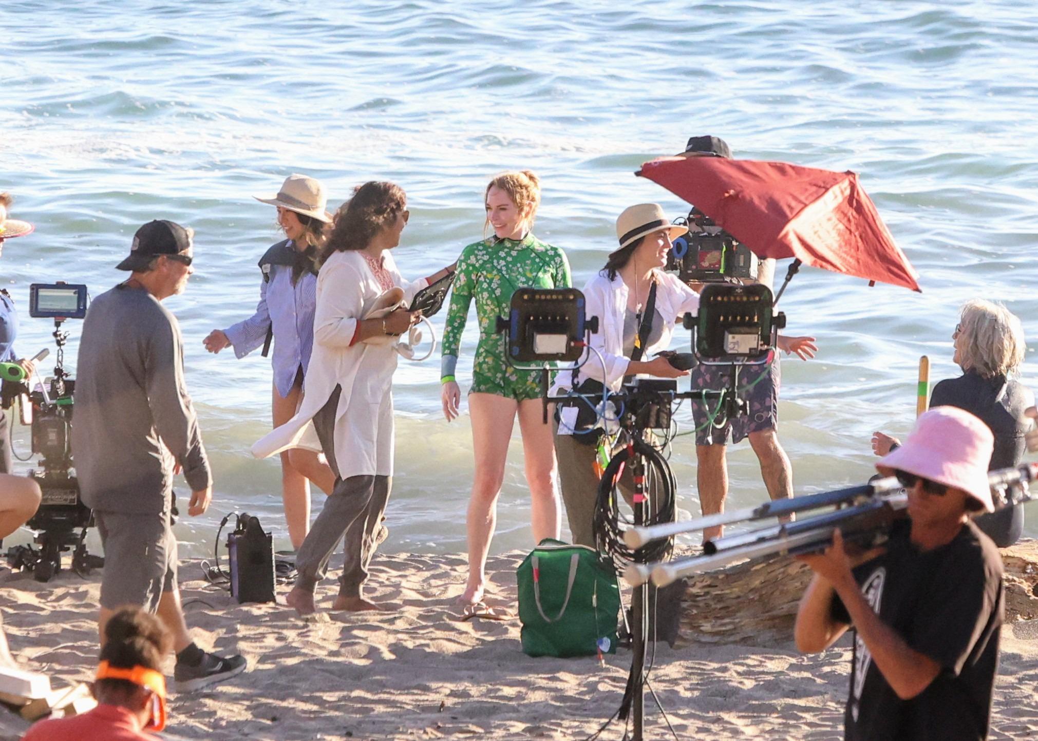 Lindsay Lohan and Jamie Lee Curtis are seen shooting beach and bathing suit scenes for Freaky Friday 2