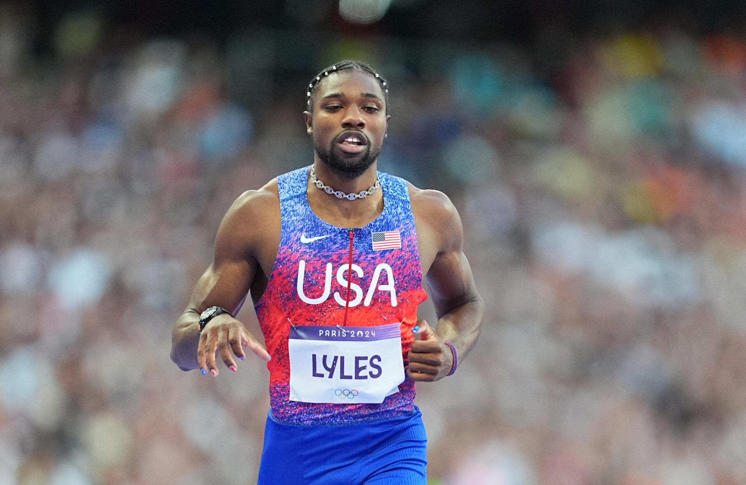 Noah Lyles running at the 2024 Paris Olympics