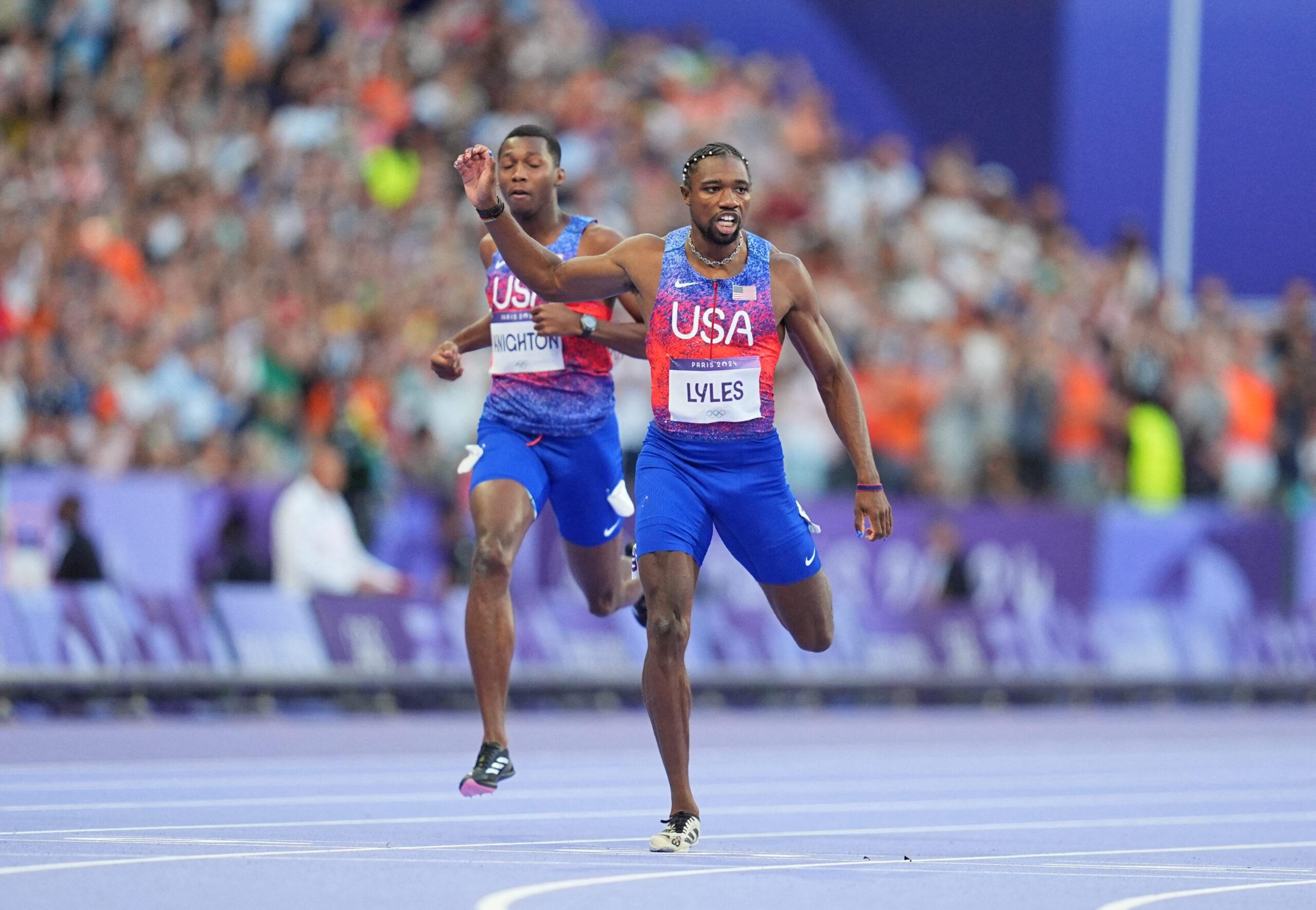 Noah Lyles running at the 2024 Paris Olympics