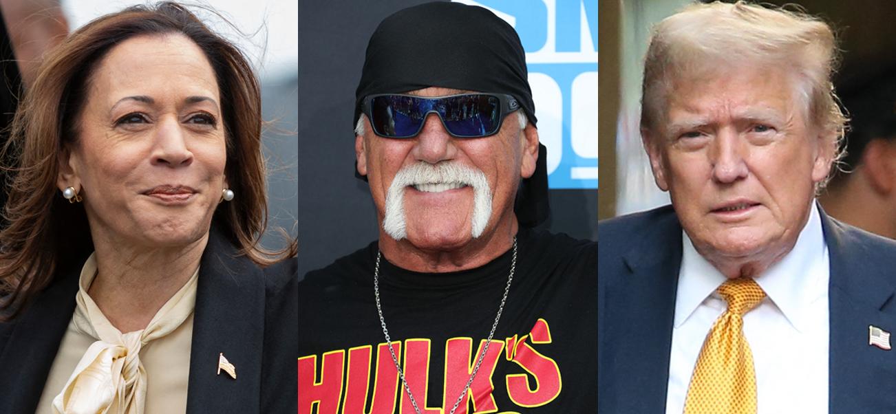 A photo collage of Kamala Harris, Hulk Hogan and Donald Trump