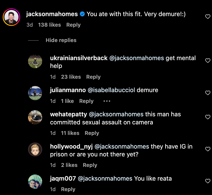 Screenshot of Jackson Mahomes' comment on Kayla Nicole's post