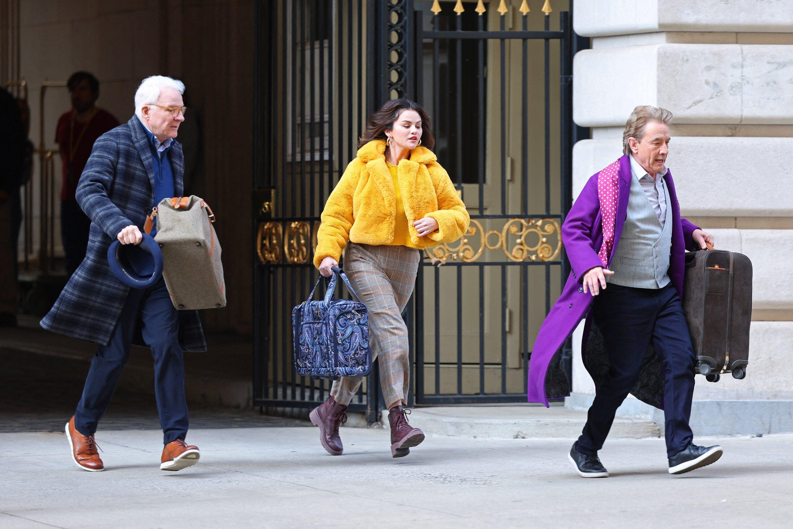 Martin Short, Selena Gomez, and Steve Martin On "Only Murders In The Building" Set