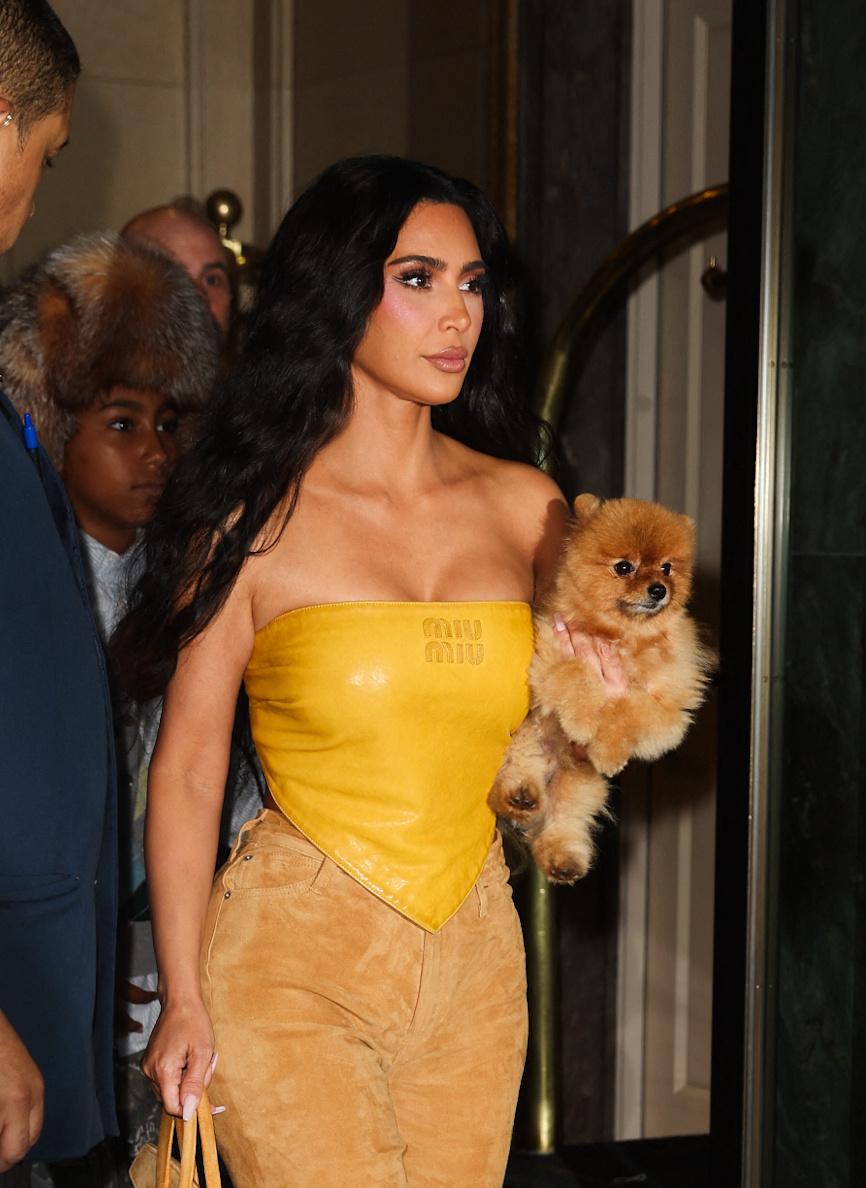 Kim Kardashian seen carrying her new puppy outside of hotel in New York City