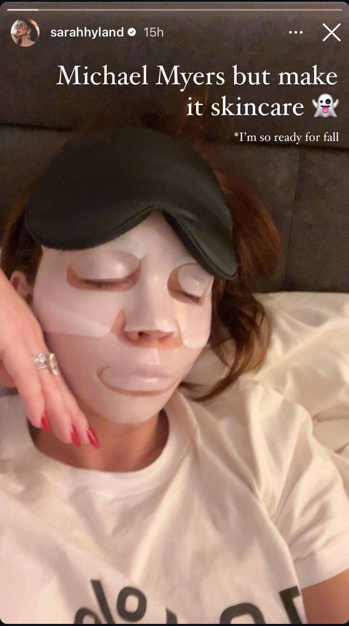 Sarah Hyland wearing a face mask for skincare