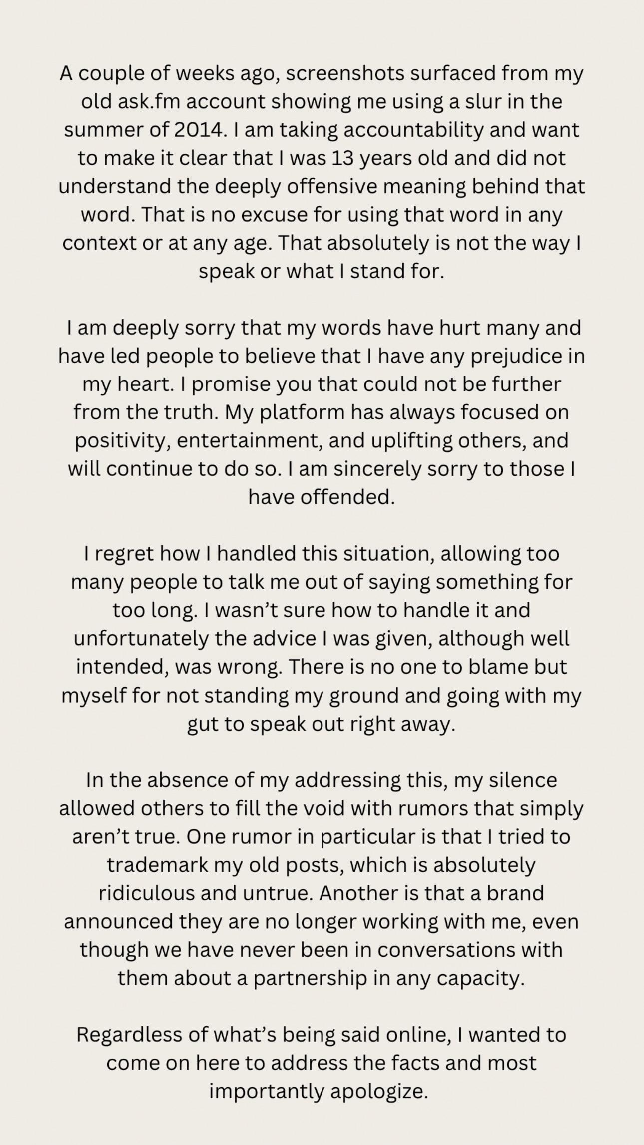 Alix Earle issues statement/apology for using the N-word.