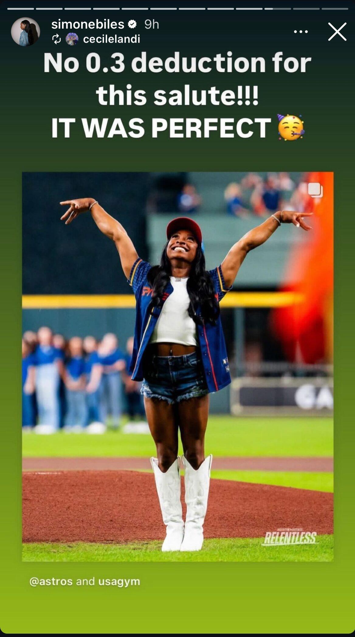 Simone Biles Instagram Story of her first pitch