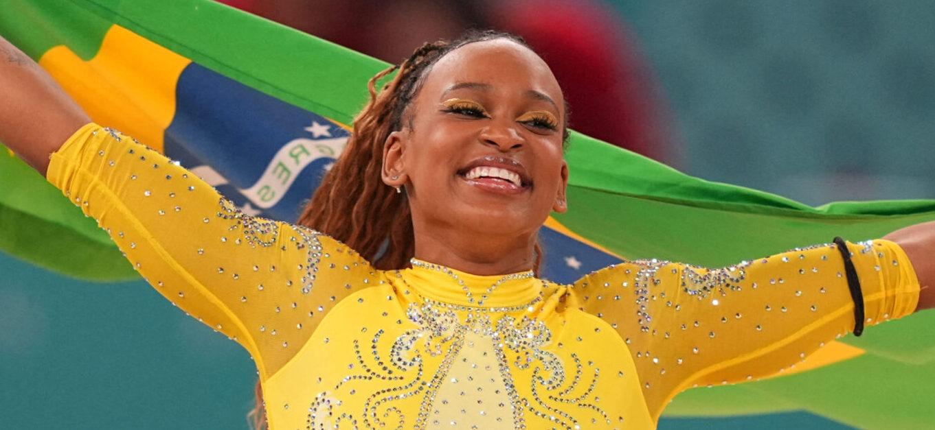 August 01 2024: Rebeca Andrade (Brazil) celebrates winning the silver at womens all around final on Day 6 of the Olympic Games at Bercy Arena, Paris, France. 01 Aug 2024 Pictured: August 01 2024: Rebeca Andrade (Brazil) celebrates winning the silver at womenâ??s all around final on Day 6 of the Olympic Games at Bercy Arena, Paris, France. Ulrik Pedersen/CSM. Photo credit: ZUMAPRESS.com / MEGA TheMegaAgency.com +1 888 505 6342 (Mega Agency TagID: MEGA1177810_017.jpg) [Photo via Mega Agency]