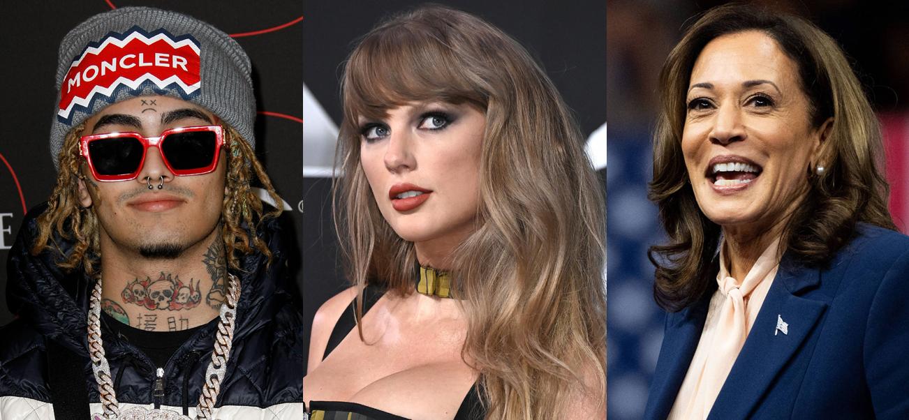 A photo collage of Rapper Lil Pump, Taylor Swift and Kamala Harris