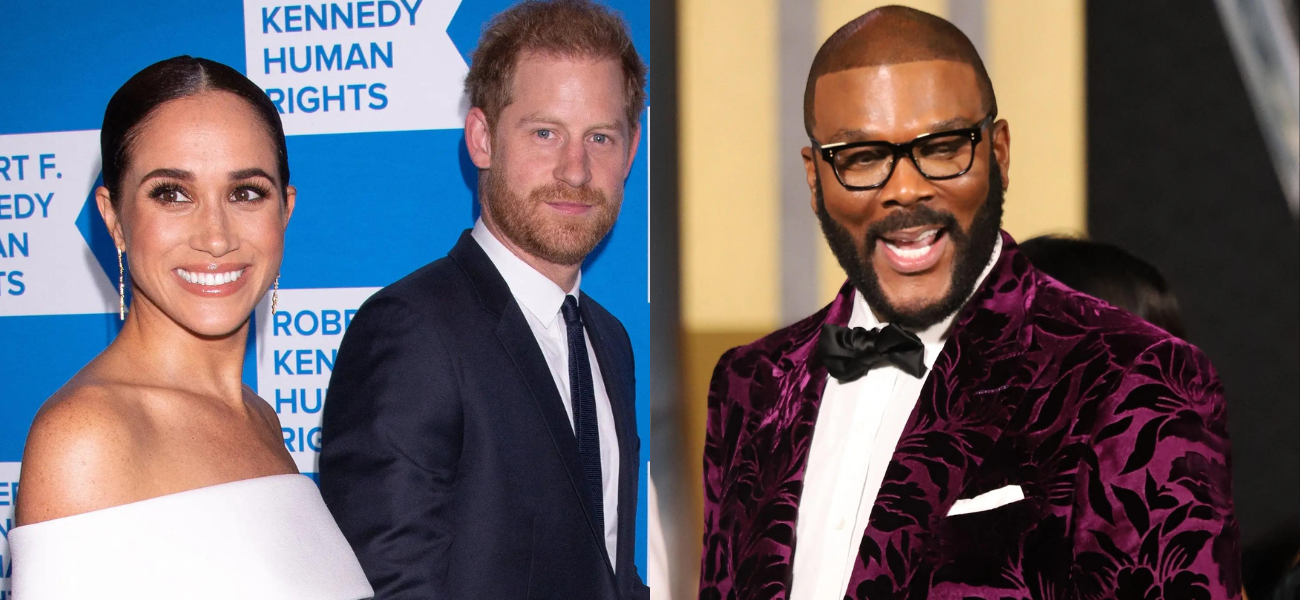 Photo collage of Prince Harry and Meghan Markle and Tyler Perry