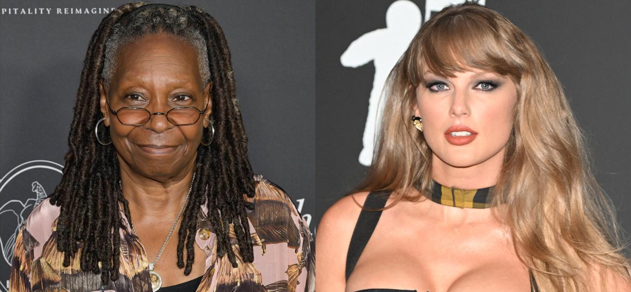 A photo collage of Whoopi Goldbergo and Taylor Swift