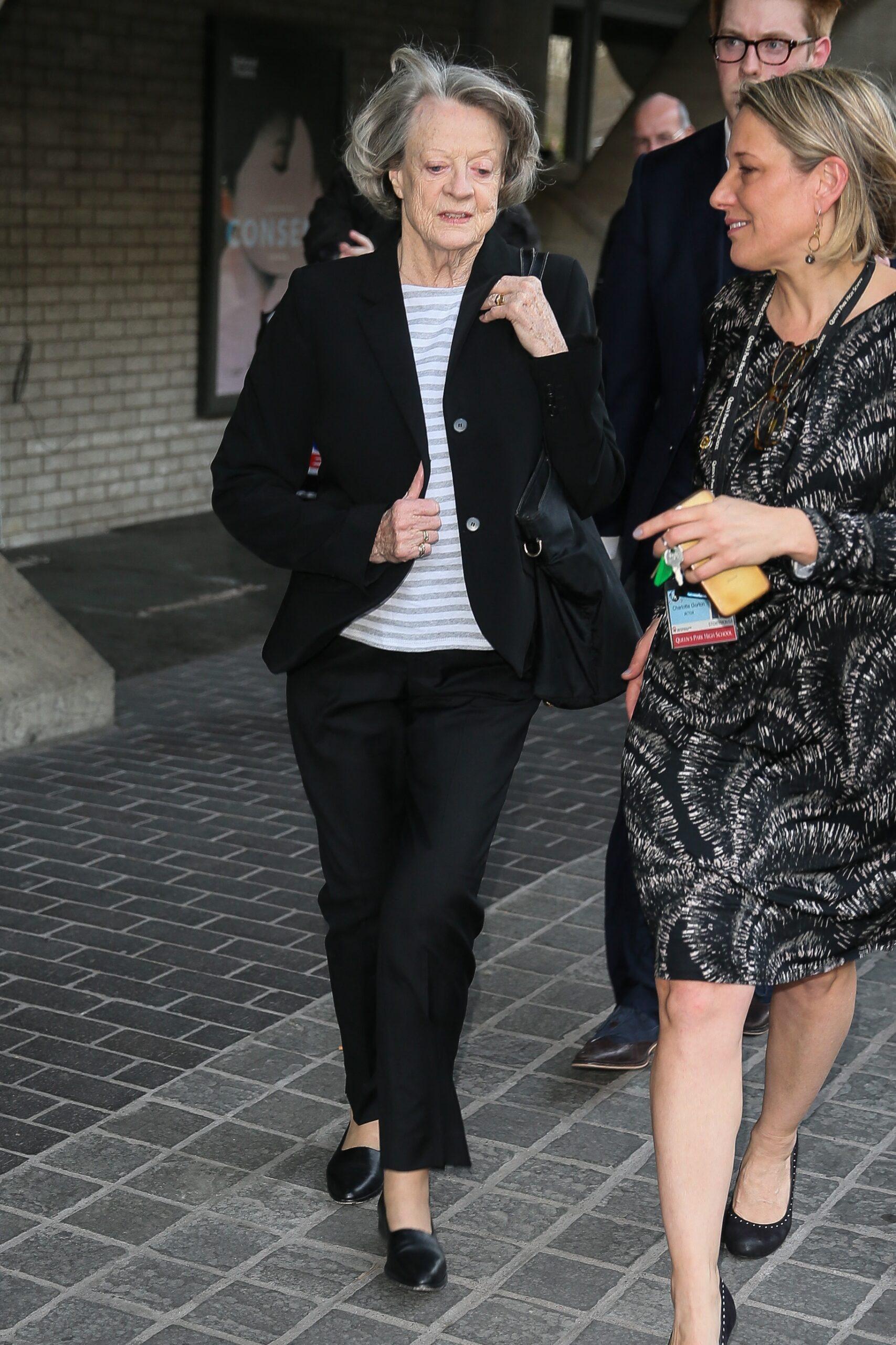 Actress Maggie Smith seen leaving the National Theatre after attending playwriter Sir Peter Shafter memorial service - London