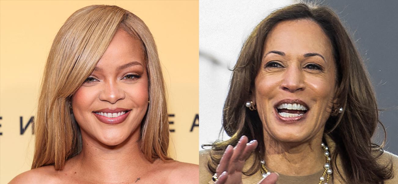 A photo collage of Rihanna and Kamala Harris