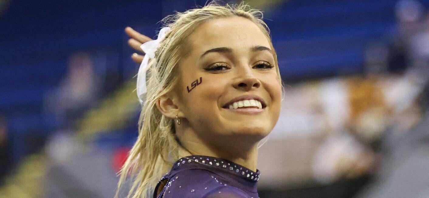 March 8, 2024: LSU's Olivia Dunne competes on the floor during the Purple and Gold Podium Challenge woman's gymnastics quad meet at the Raising Canes River Center in Baton Rouge, LA. Jonathan Mailhes/CSM (Credit Image: © Jonathan Mailhes/Cal Sport Media) Newscom/(Mega Agency TagID: csmphotothree239115.jpg) [Photo via Mega Agency]