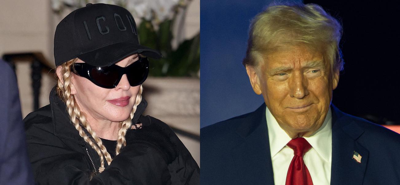 A photo collage of Madonna and Donald Trump