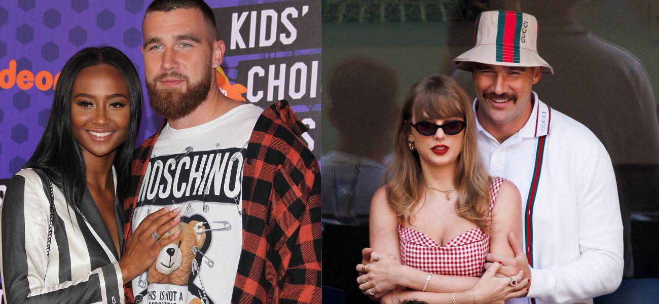 Kayla Nicole and Travis Kelce (left) Taylor Swift and Travis Kelce (right)