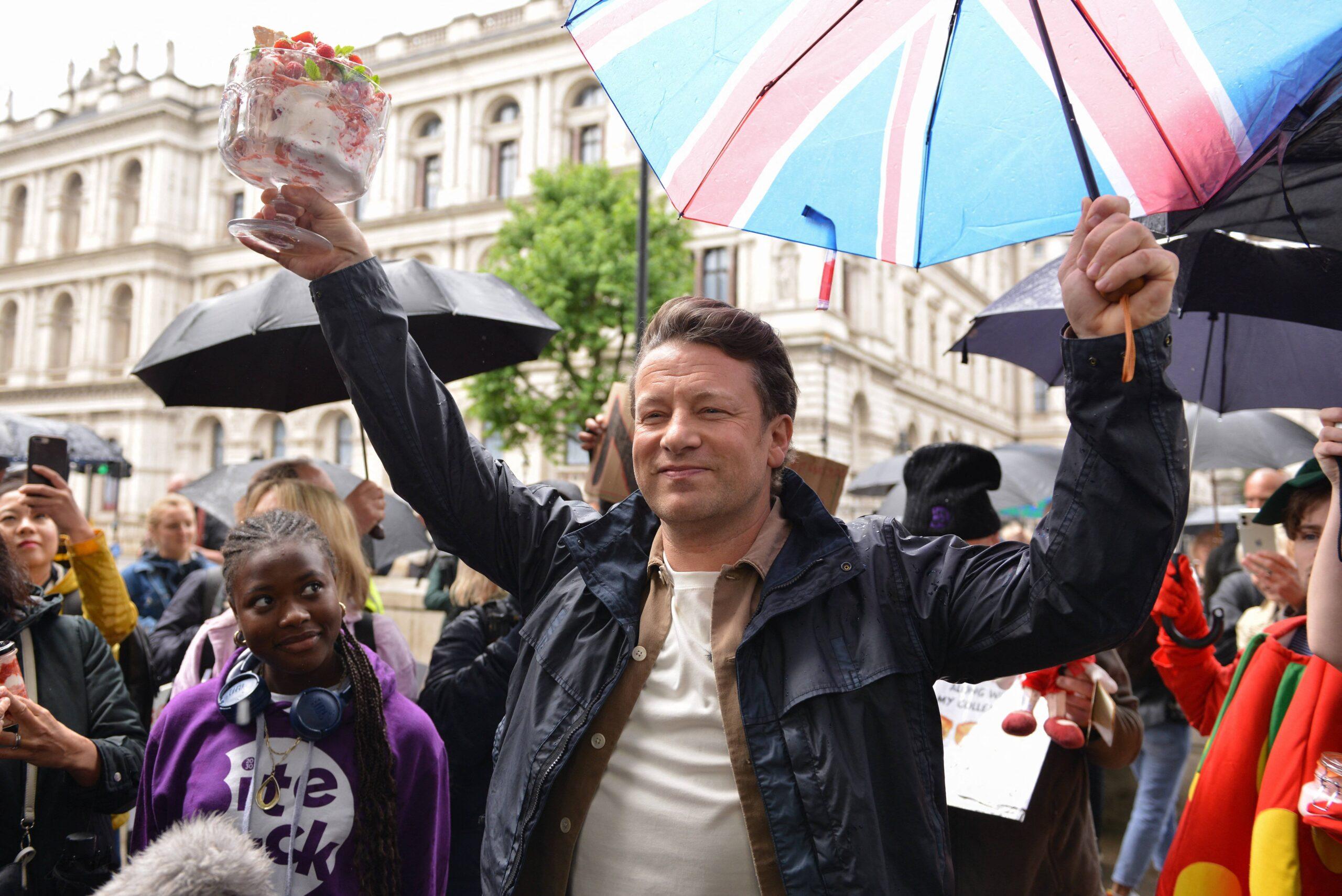 Jamie Oliver outside Downing Street at an Eton Mess protest, in London