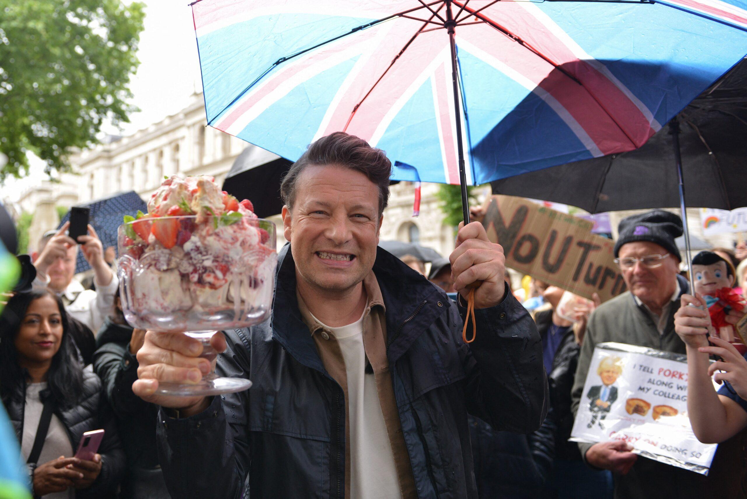 Jamie Oliver outside Downing Street at an Eton Mess protest, in London