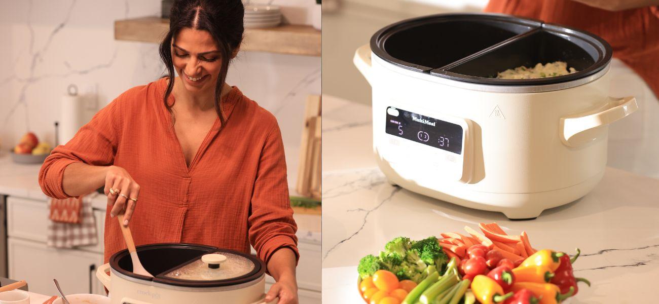 Camila Alves McConaughey (left) Crock Pot on counter (right)