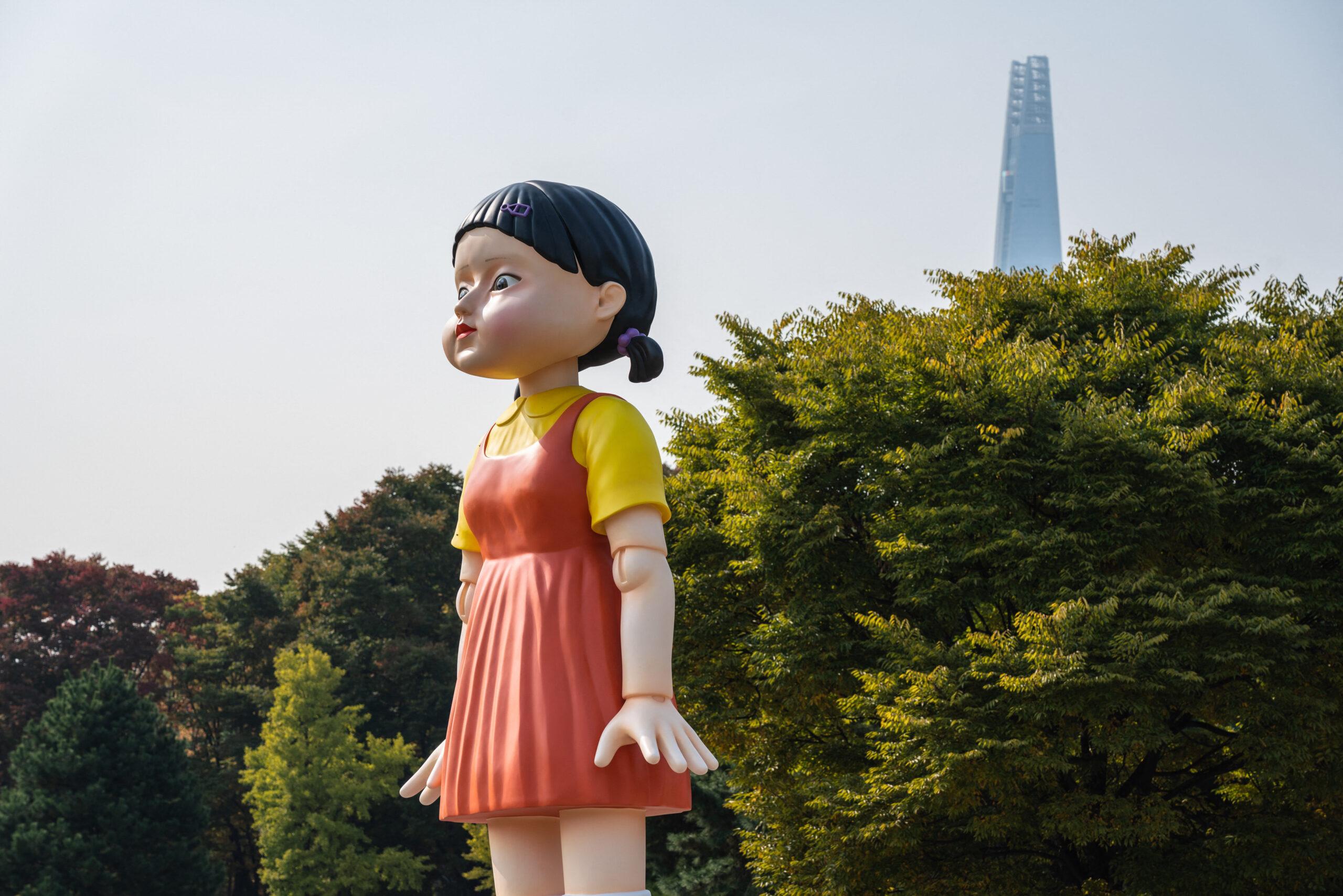 A giant doll from Netflix original series 'Squid Game' installed at the Olympic Park in Seoul, South Korea