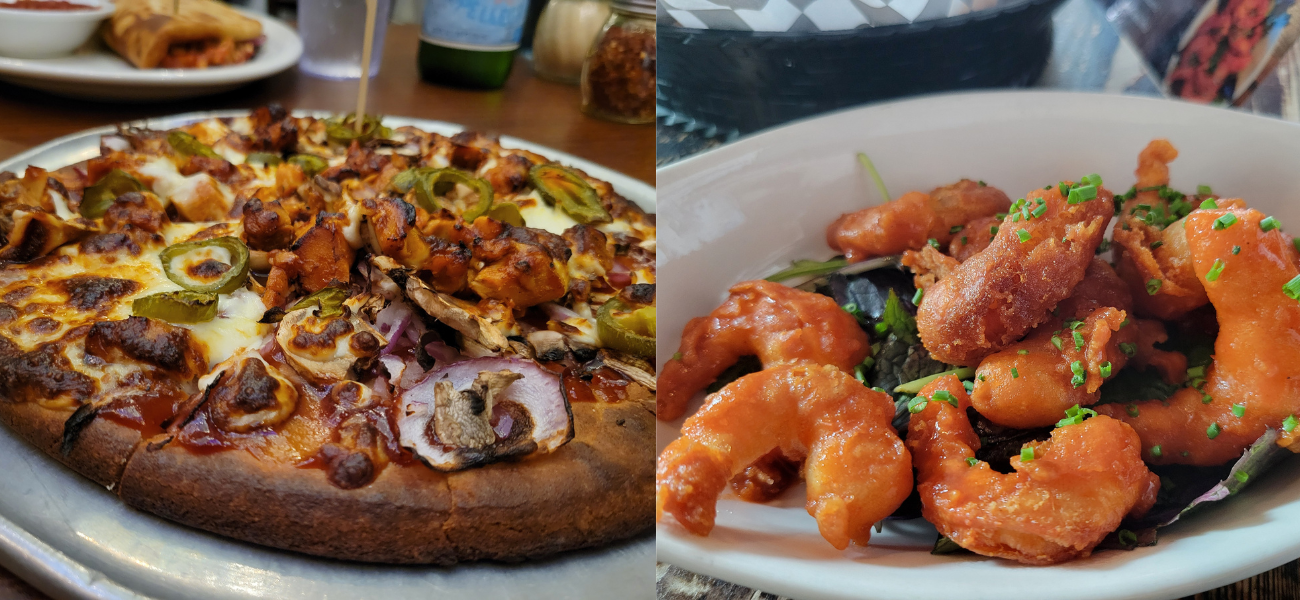 Pizza from Razzis and shrimp from Ghostfish in Seattle