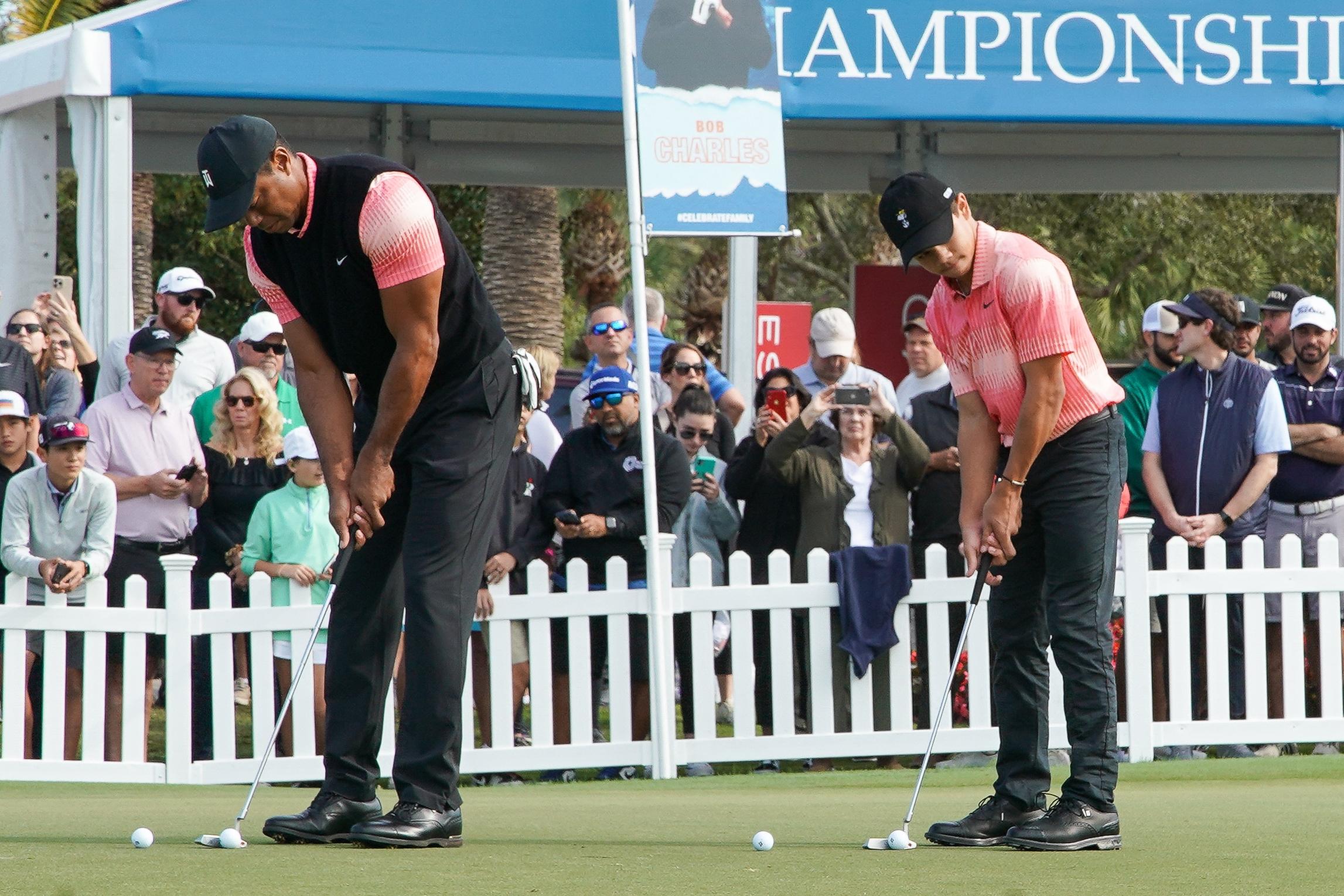 Tiger Woods and Charlie Axel Woods at the PNC Championship - Round 1