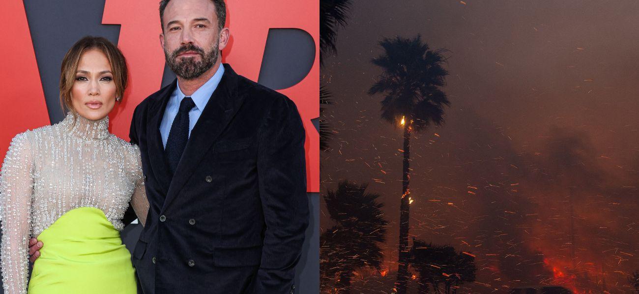 Collage of Ben Affleck & Jennifer Lopez and the Pacific Palisades wildfires