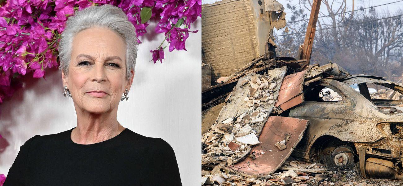 Jamie Lee Curtis (left) Wildfire destruction (right)