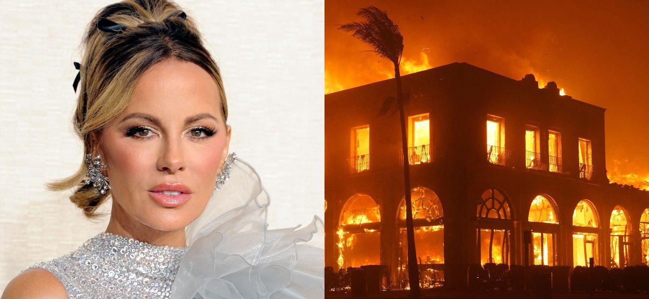 Kate Beckinsale (left) California wildfires burn down building (right)