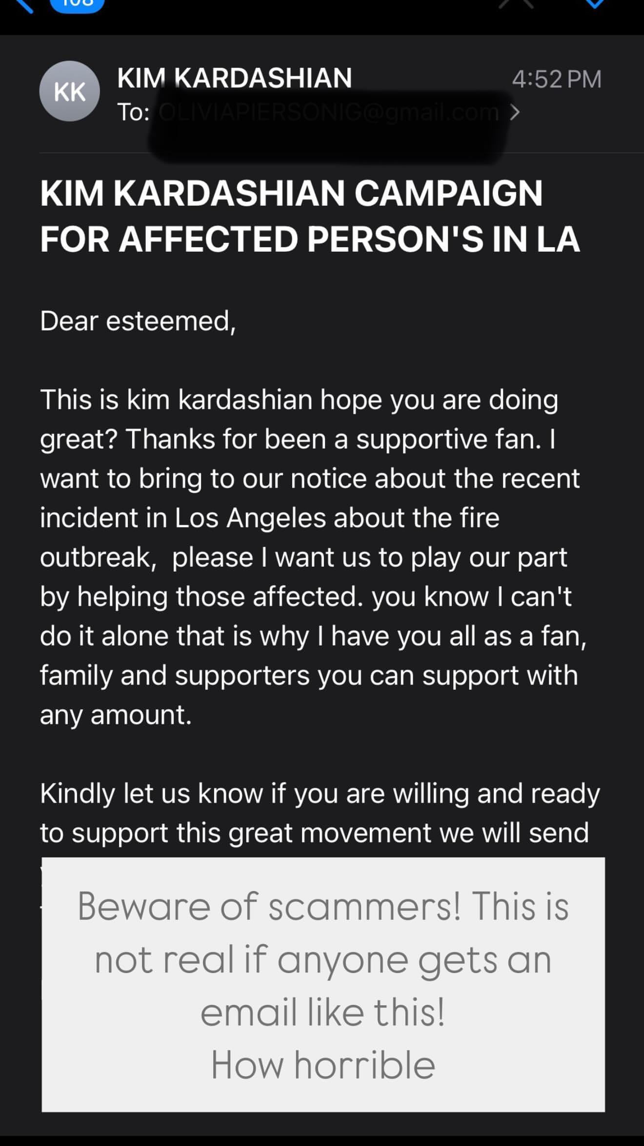 Kim Kardashian shares screenshots of wildfire donation scams