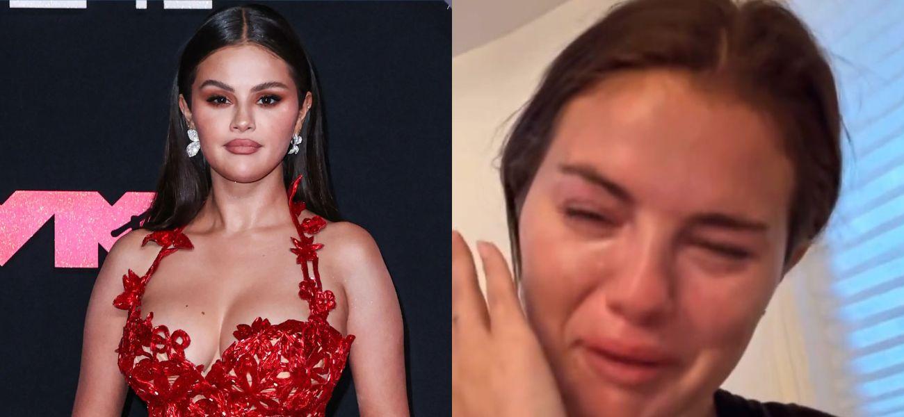 A collage of Selena Gomez on the pink carpet and a screenshot of her crying in a video