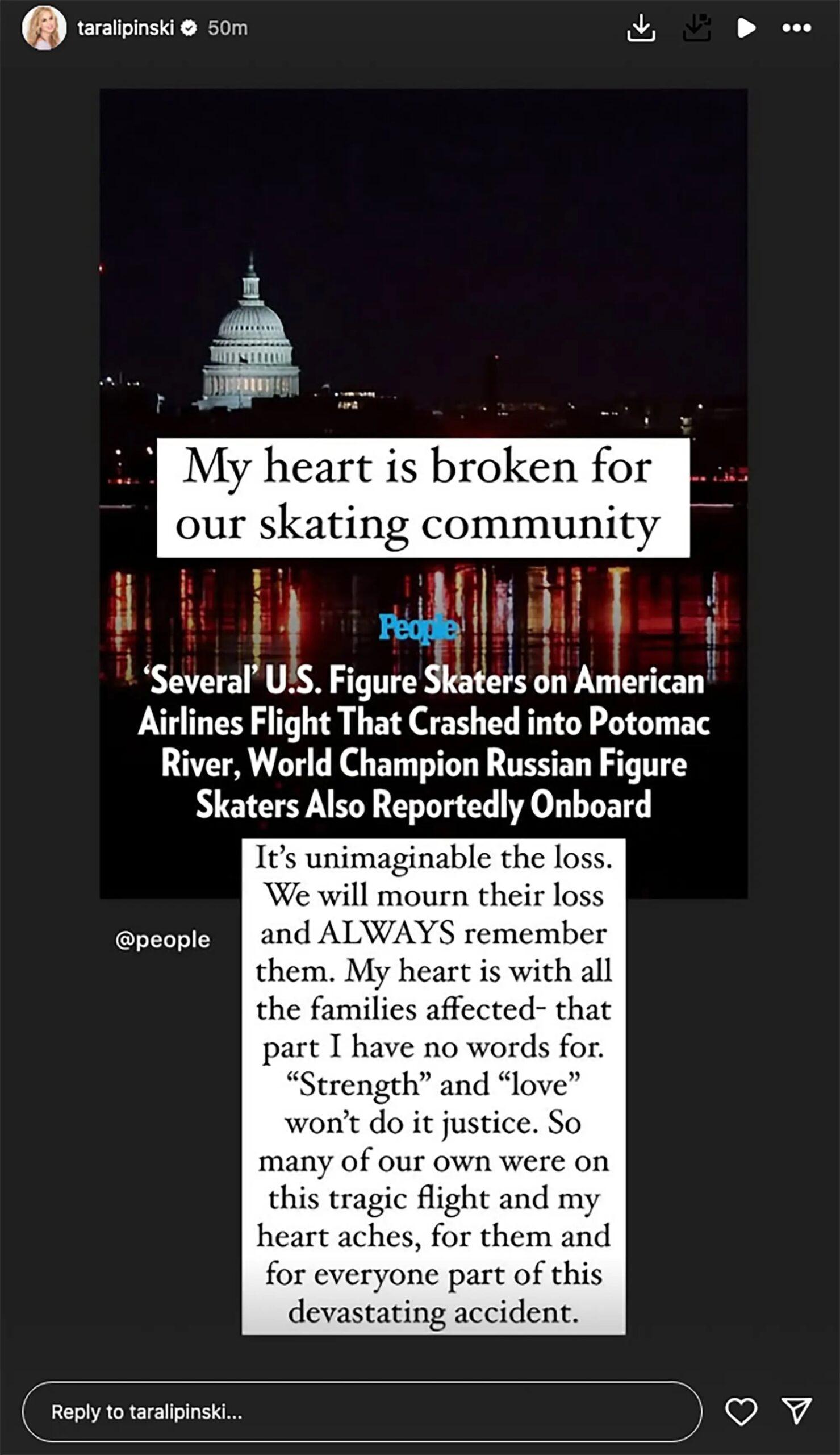 Tara Lipinski's Instagram Stories addressing DC crash