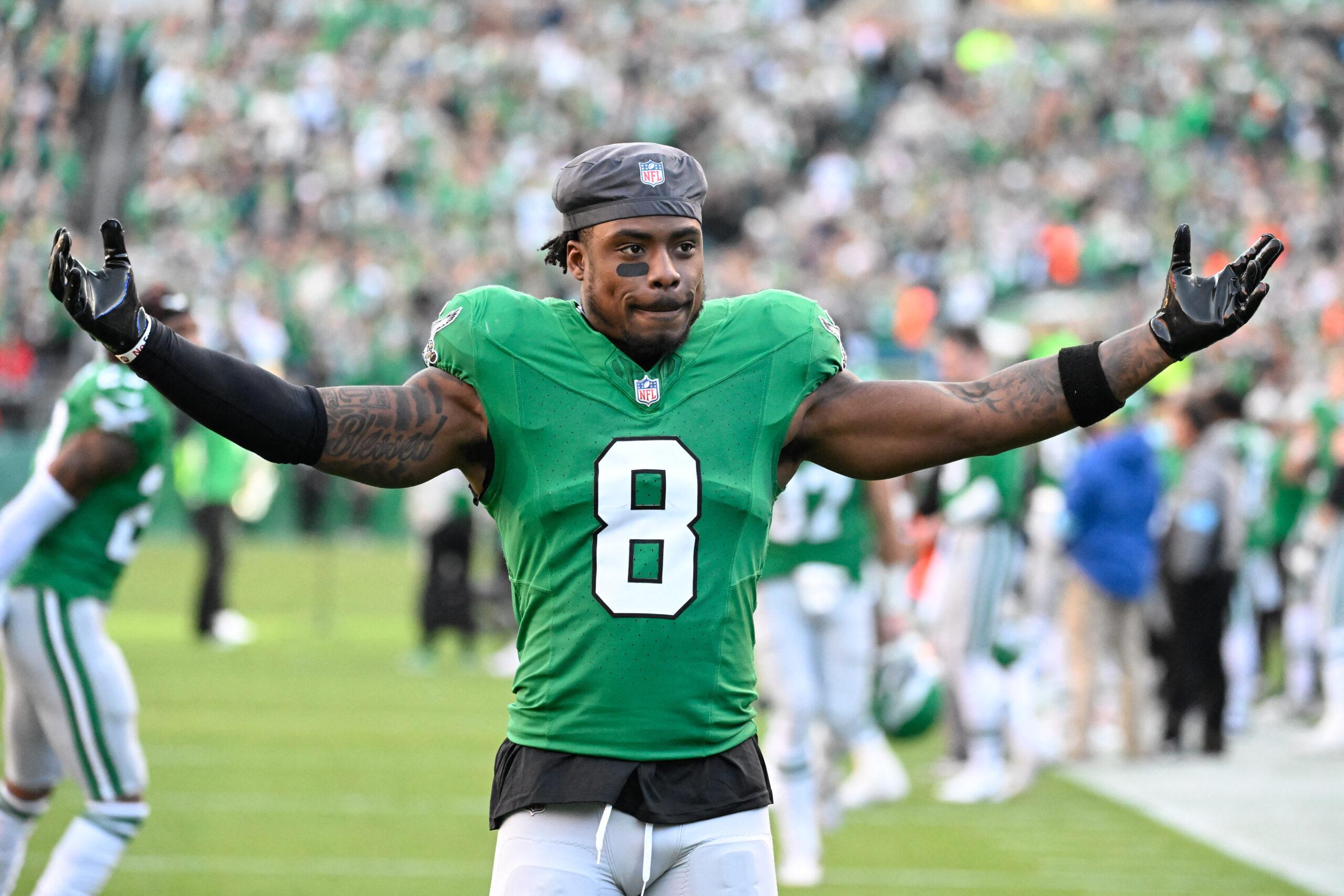 November 3, 2024: Philadelphia Eagles safety C.J. Gardner-Johnson (8) before a game against the Jacksonville Jaguars in Philadelphia, Pennsylvania. 