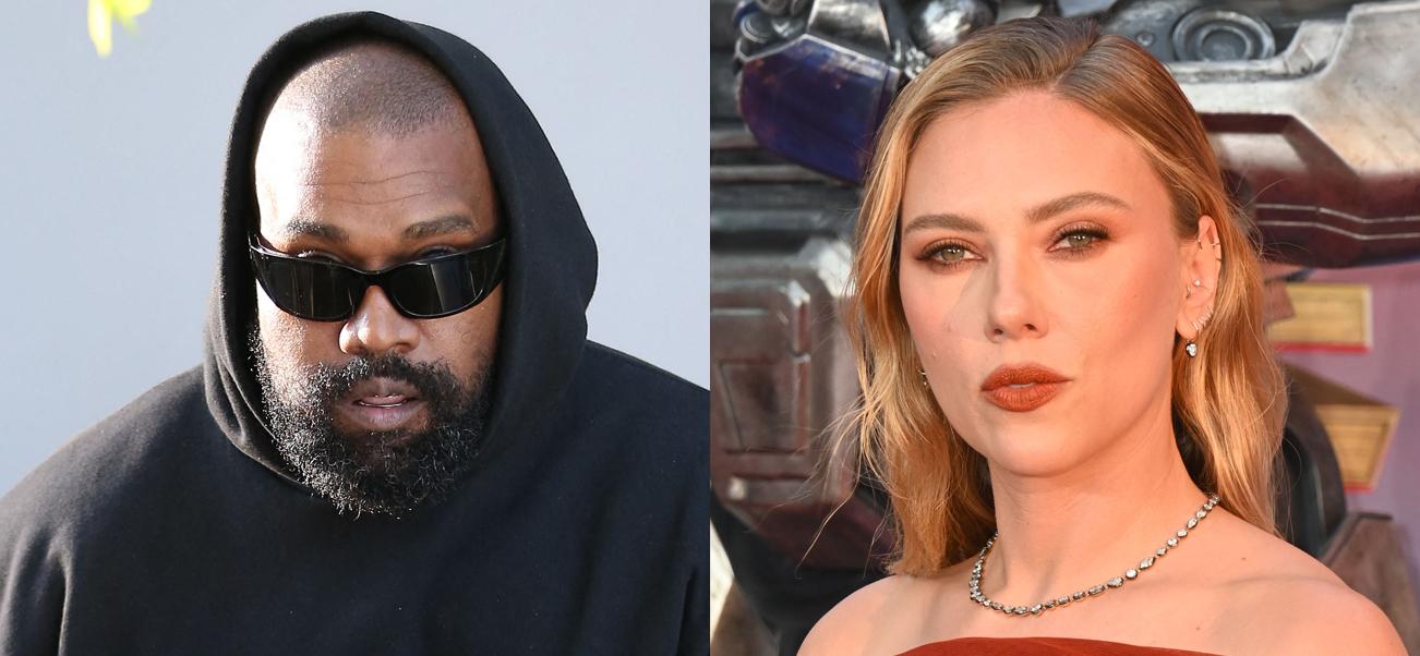 A photo collage of Kanye West and Scarlett Johansson