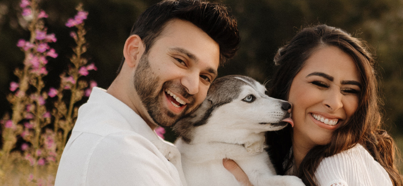 Sheena and Sunit Shah with Sapphie the Pomsky