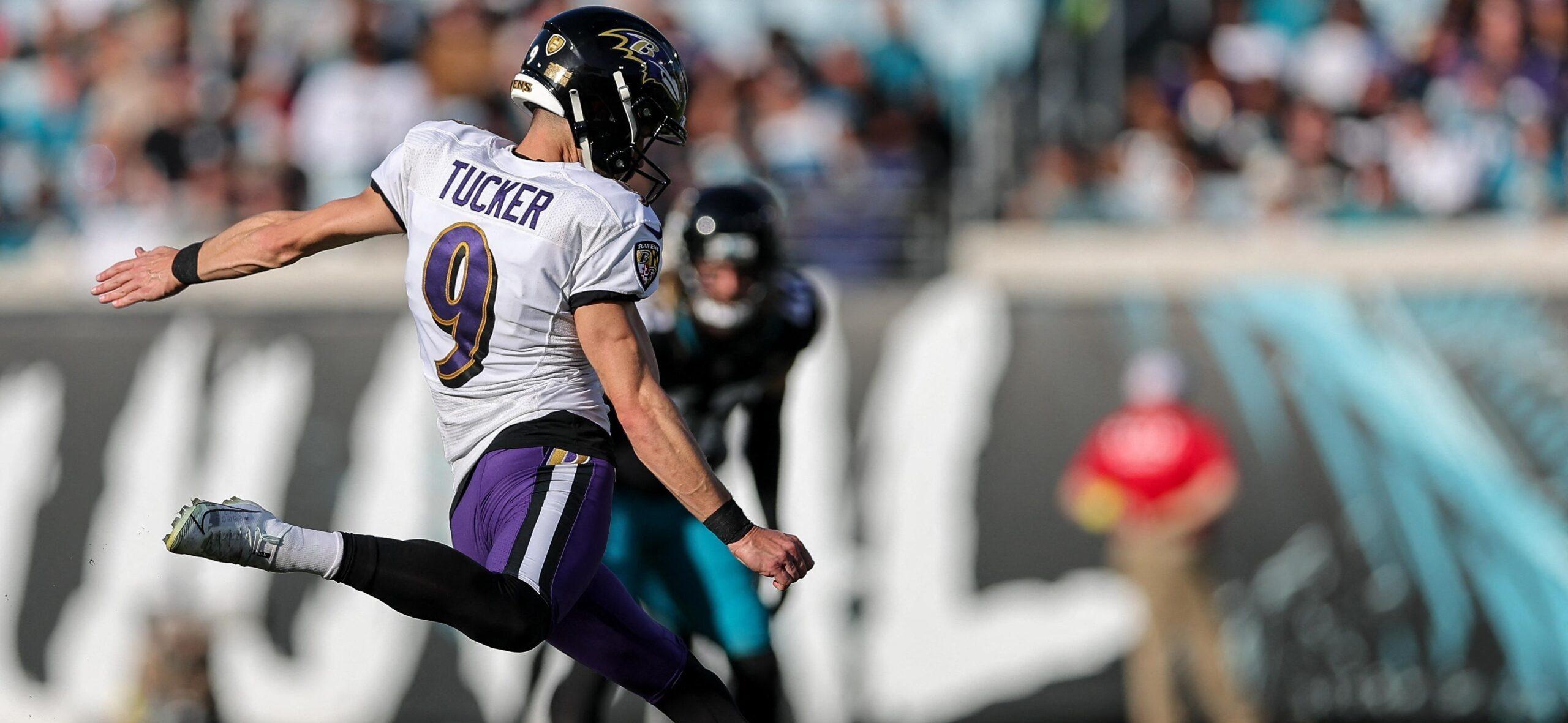 Justin Tucker of the Baltimore Ravens kicking a football.