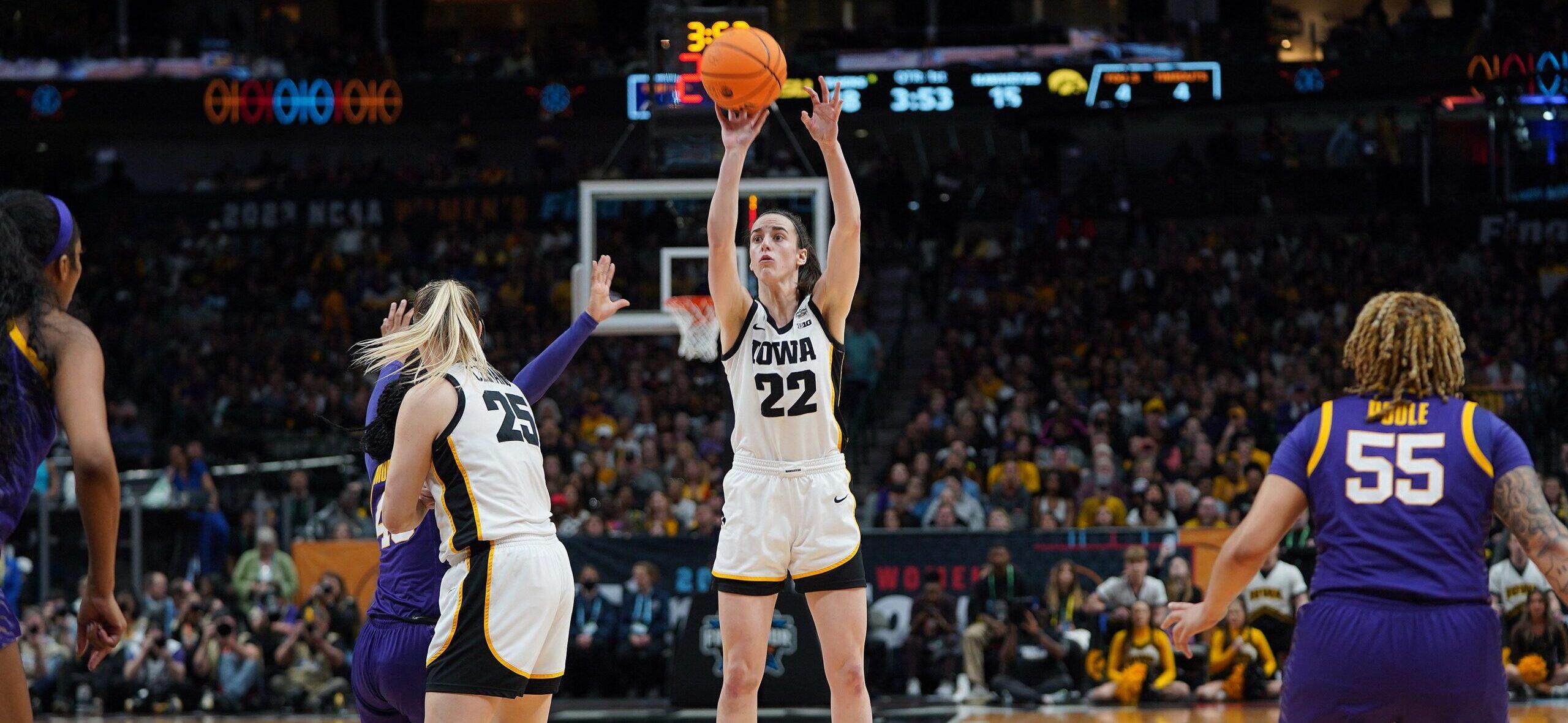 Caitlin Clark shooting a basketball during the championship game against LSU in 2023.