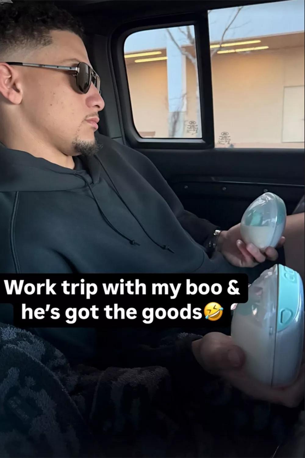 Patrick Mahomes holding two containers of wearable breast pumps