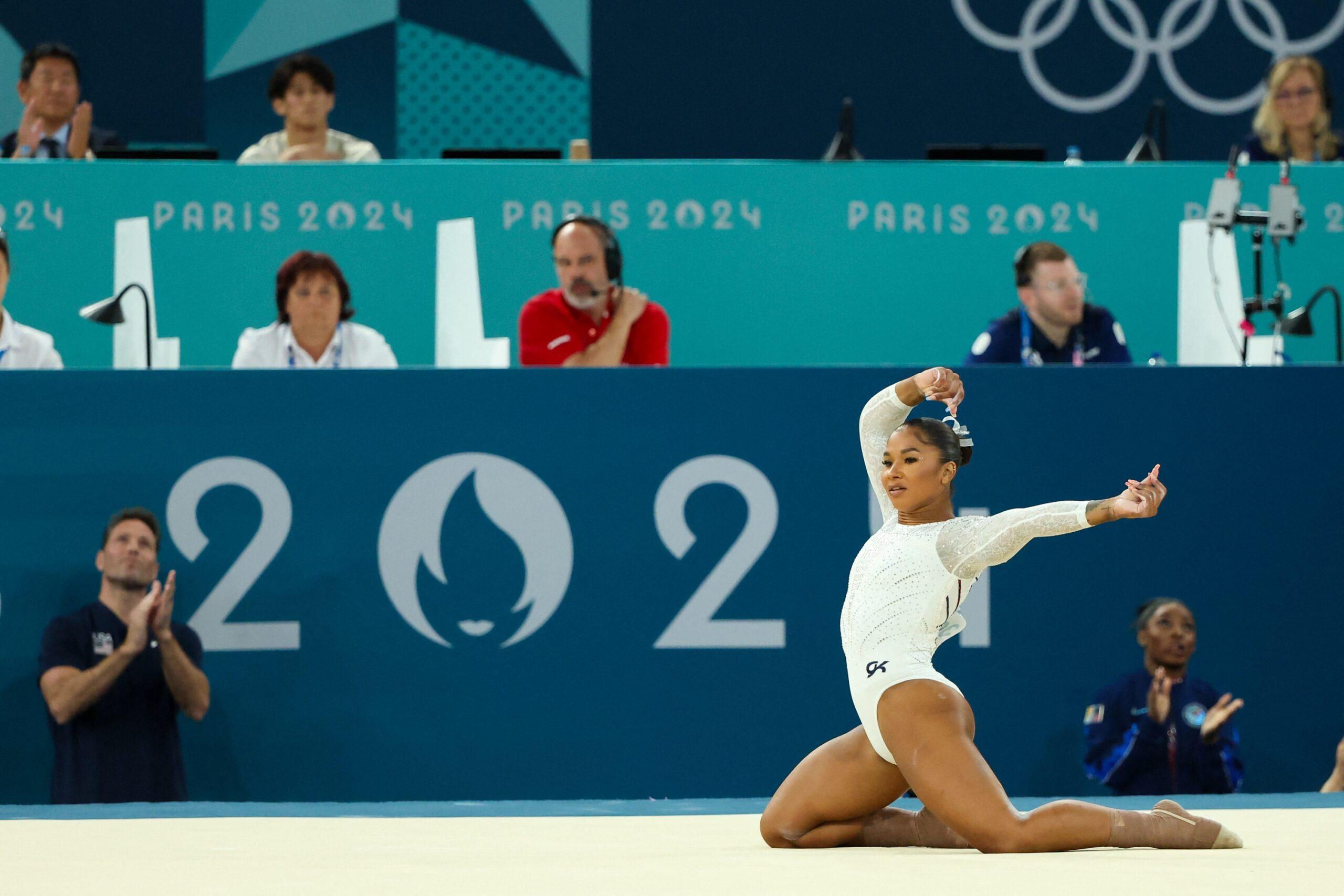 Jordan Chiles on floor at Olympics