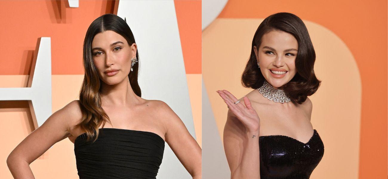 Hailey Bieber, Selena Gomez photo collage of their red carpet appearance at the Vanity Fair Oscars Party