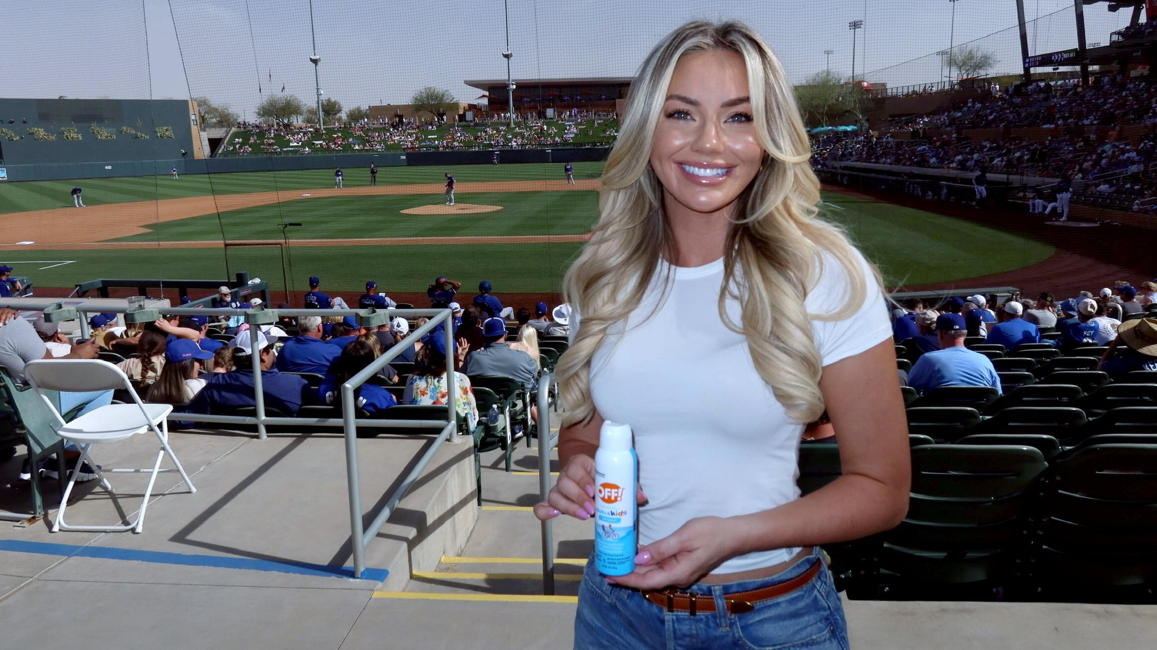 Chelsea Freeman with OFF spray at an MLB stadium