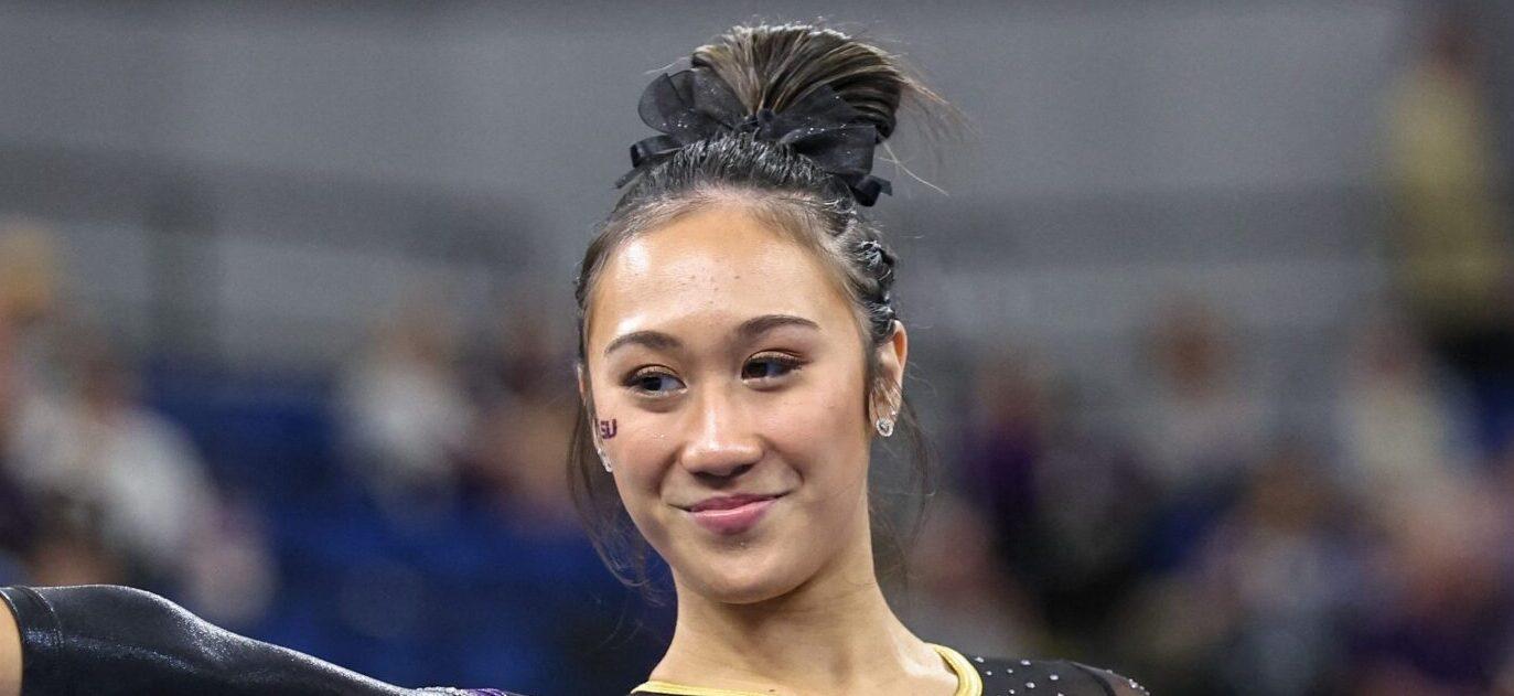 February 28, 2025: LSU's Kailin Chio competes on the balance beam during the Purple and Gold Podium Challenge woman's gymnastics LSU vs George Washington at the Raising Canes River Center in Baton Rouge, LA. Jonathan Mailhes/CSM. 28 Feb 2025 Pictured: February 28, 2025: LSU's Kailin Chio competes on the floor during the Purple and Gold Podium Challenge woman's gymnastics LSU vs George Washington at the Raising Canes River Center in Baton Rouge, LA. Jonathan Mailhes/CSM. Photo credit: ZUMAPRESS.com / MEGA TheMegaAgency.com sales@mega.global (Mega Agency TagID: MEGA1276490_039.jpg) [Photo via Mega Agency]