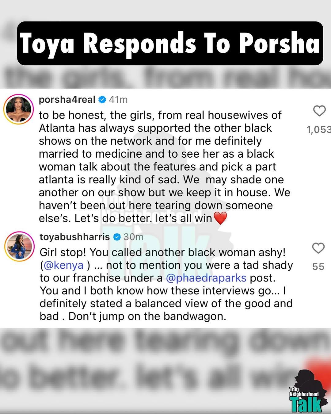 Toya Bush Harris' response to Porsha Williams. 