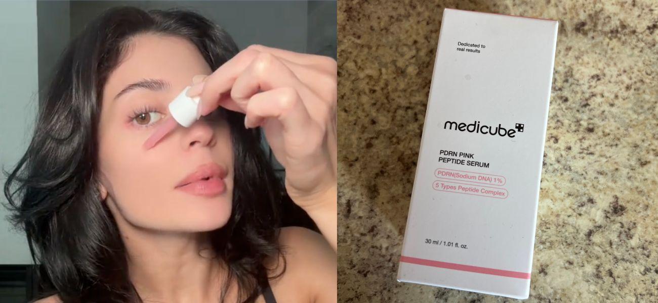 Kylie Jenner applying serum (left) Serum box (right)