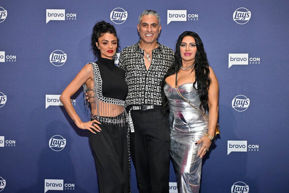 Reza Farahan, GG Gharachedaghi, and Mercedes "MJ" Javid posing together at BravoCon.