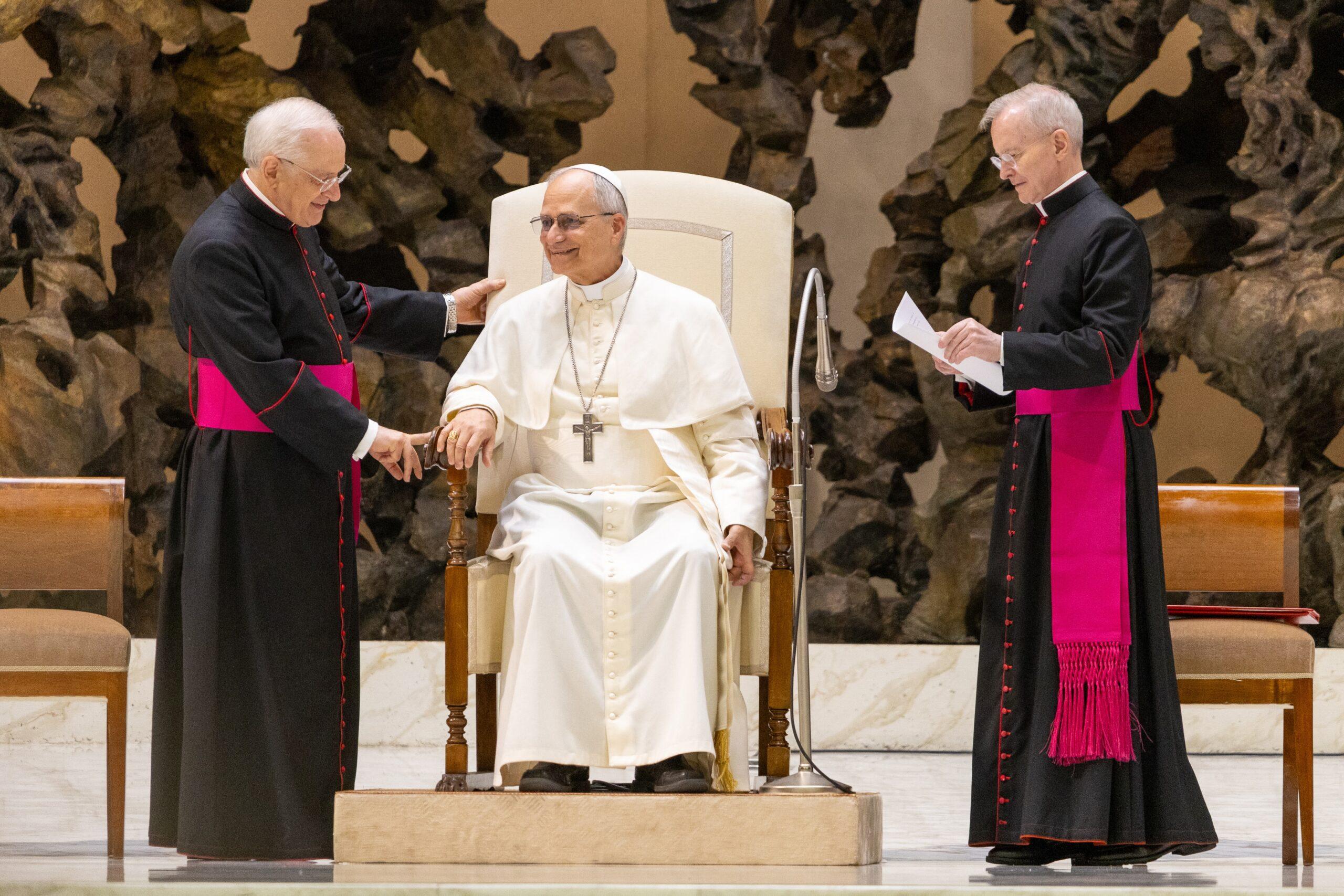 Pope Leo XIV greets representatives of the media