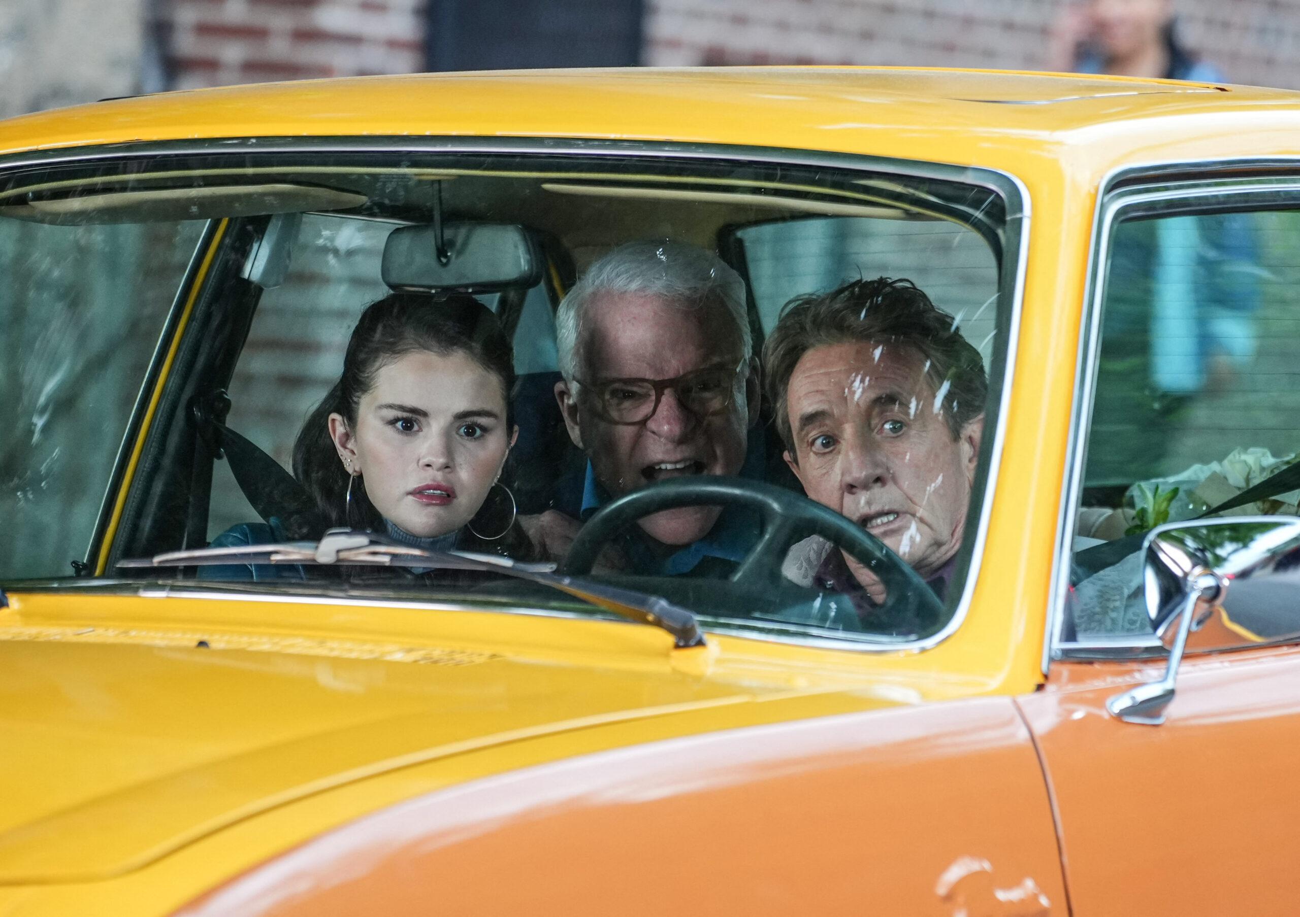 Selena Gomez, Martin Short, and Steve Martin on set of Only Murders
